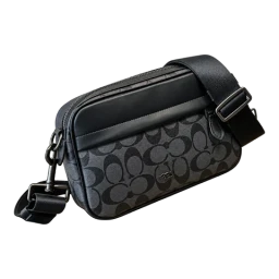 Black and grey patterned crossbody bag with a shoulder strap