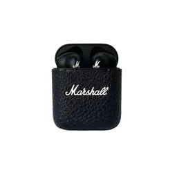 Black wireless earbuds in an open charging case