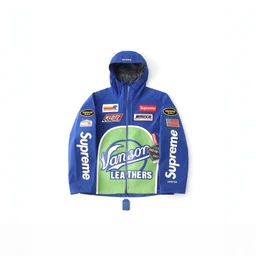 Blue hooded racing jacket with green graphics