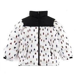 White printed puffer jacket with a black collar