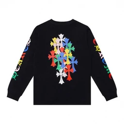 Black long-sleeve top with a multicoloured front graphic