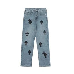 Light blue jeans with dark cross motifs