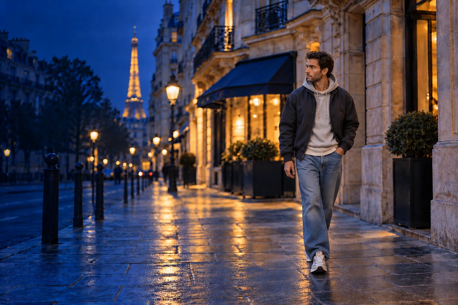Paris blue-hour street-style editorial with a man in a layered jacket and hoodie, relaxed jeans and sneakers, with the Eiffel Tower in the background